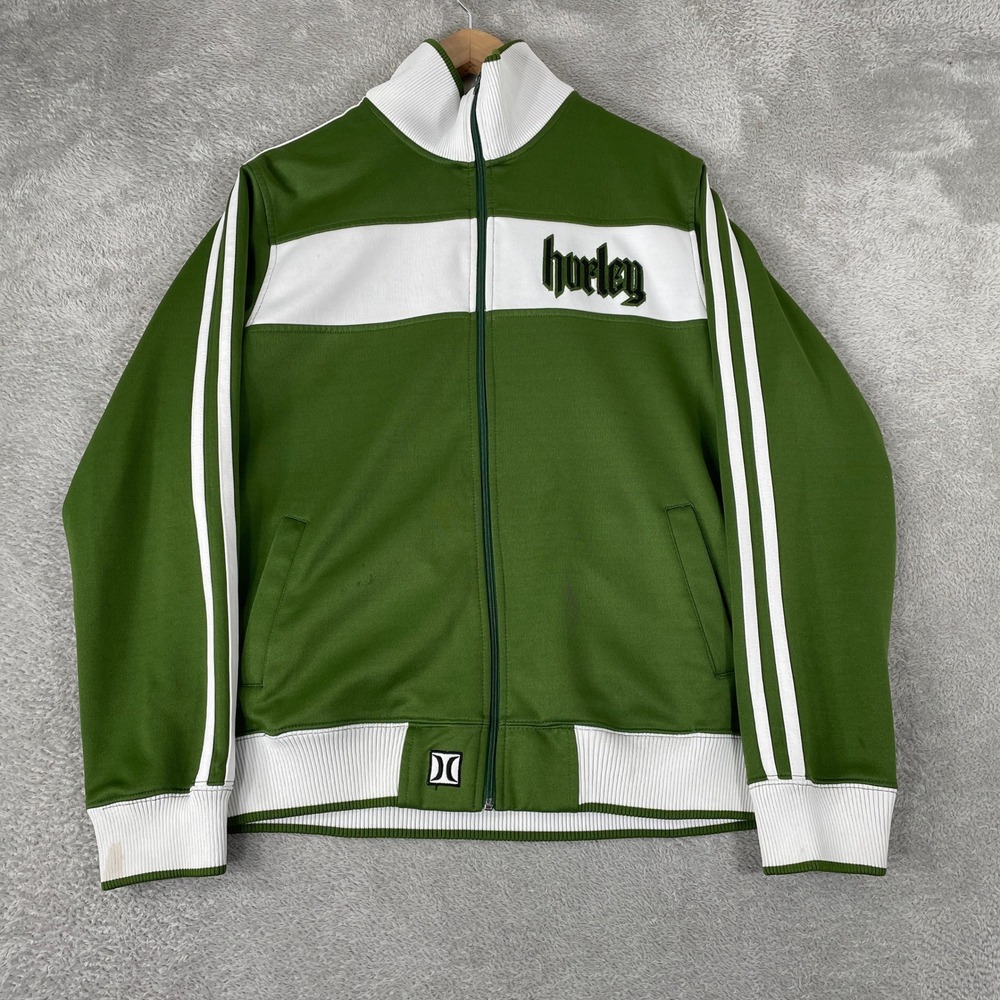Hurley Track Jacket Mens Medium Green Y2K Skate Streetwear Striped Full Zip